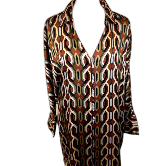By Design Tops - By Design Geometric Pattern Button Down Blouse Satin Long Sleeve Womens S
